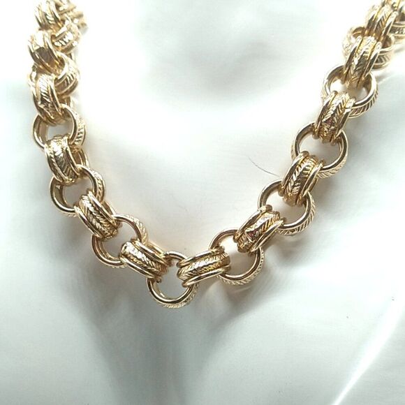Cable Link Chain Necklace Textured & Smooth Interwoven Round Links Gold-tone - Picture 7 of 12